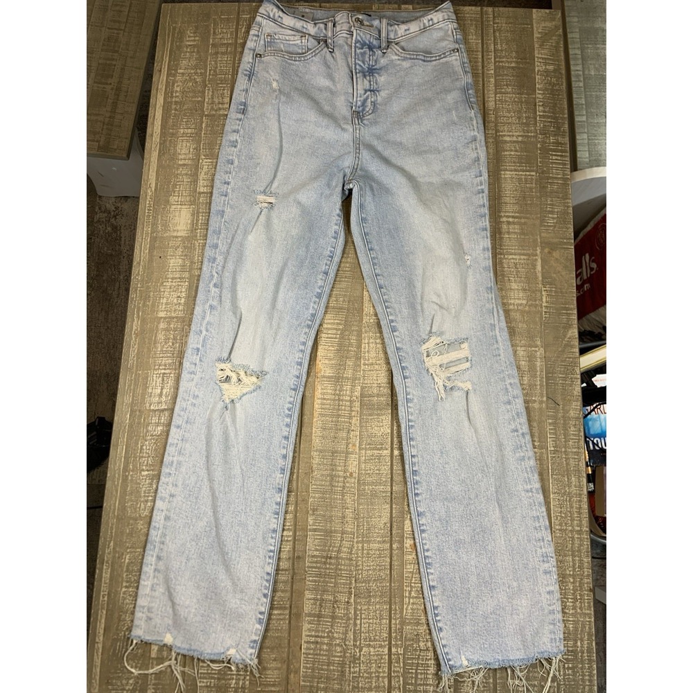 Express Modern Straight Jeans Women's 4R Blue Denim Distressed Super High Rise